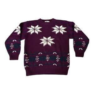 EMS Eastern Mountain Sports Wool Sweater Women Size S Burgundy Snowflake Winter